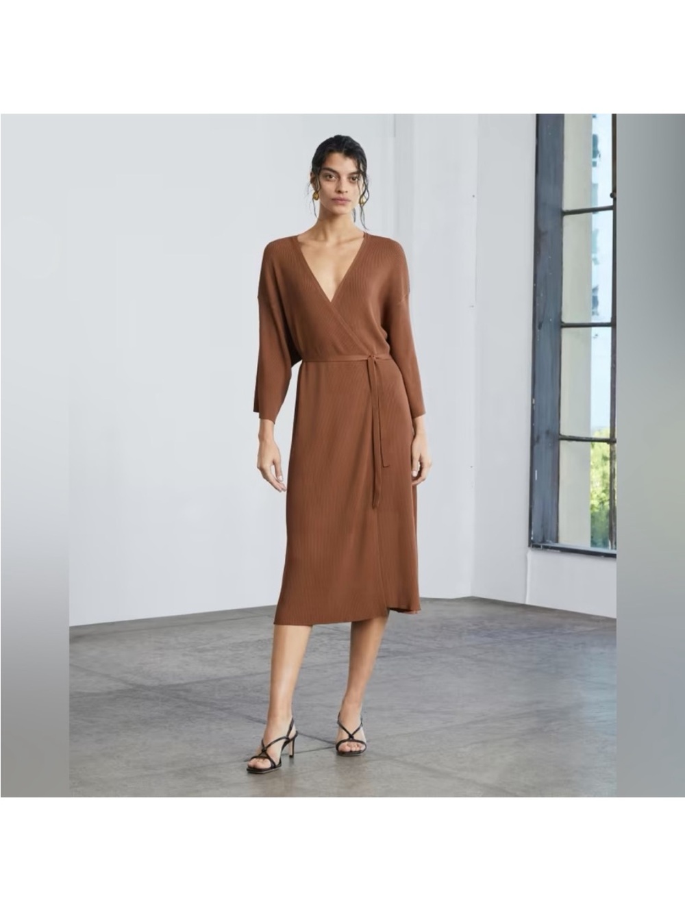 Everlane Ribbed Wrap Midi Dress XL Brown Neutral Minimalist Office Fall